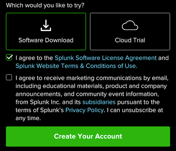Splunk’s webpage where you have the options to choose from the versions of download 
