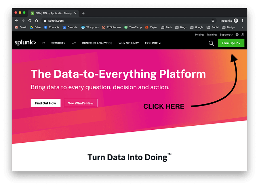 Splunk homepage where you can find the link to download 